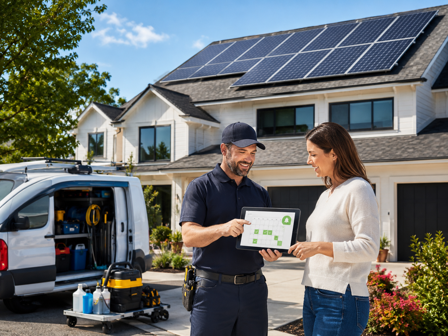 Technician cleaning solar panels